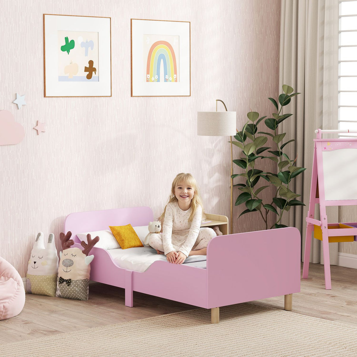 Toddler Bed Frame with Guardrail, Pink MDF, Ages 3-8