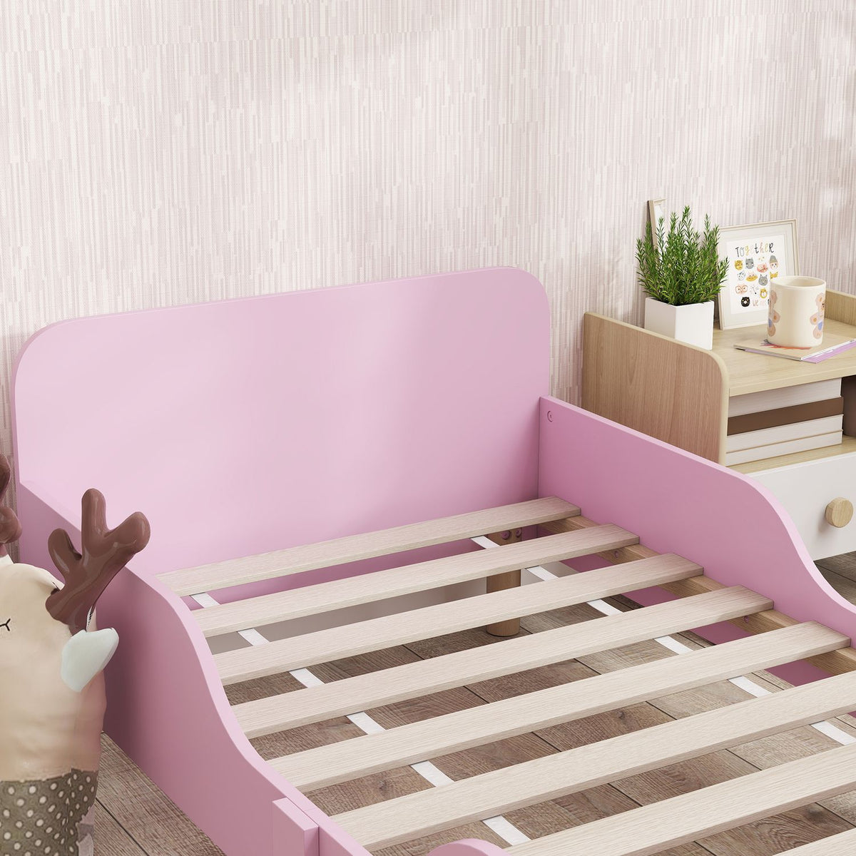 Toddler Bed Frame with Guardrail, Pink MDF, Ages 3-8