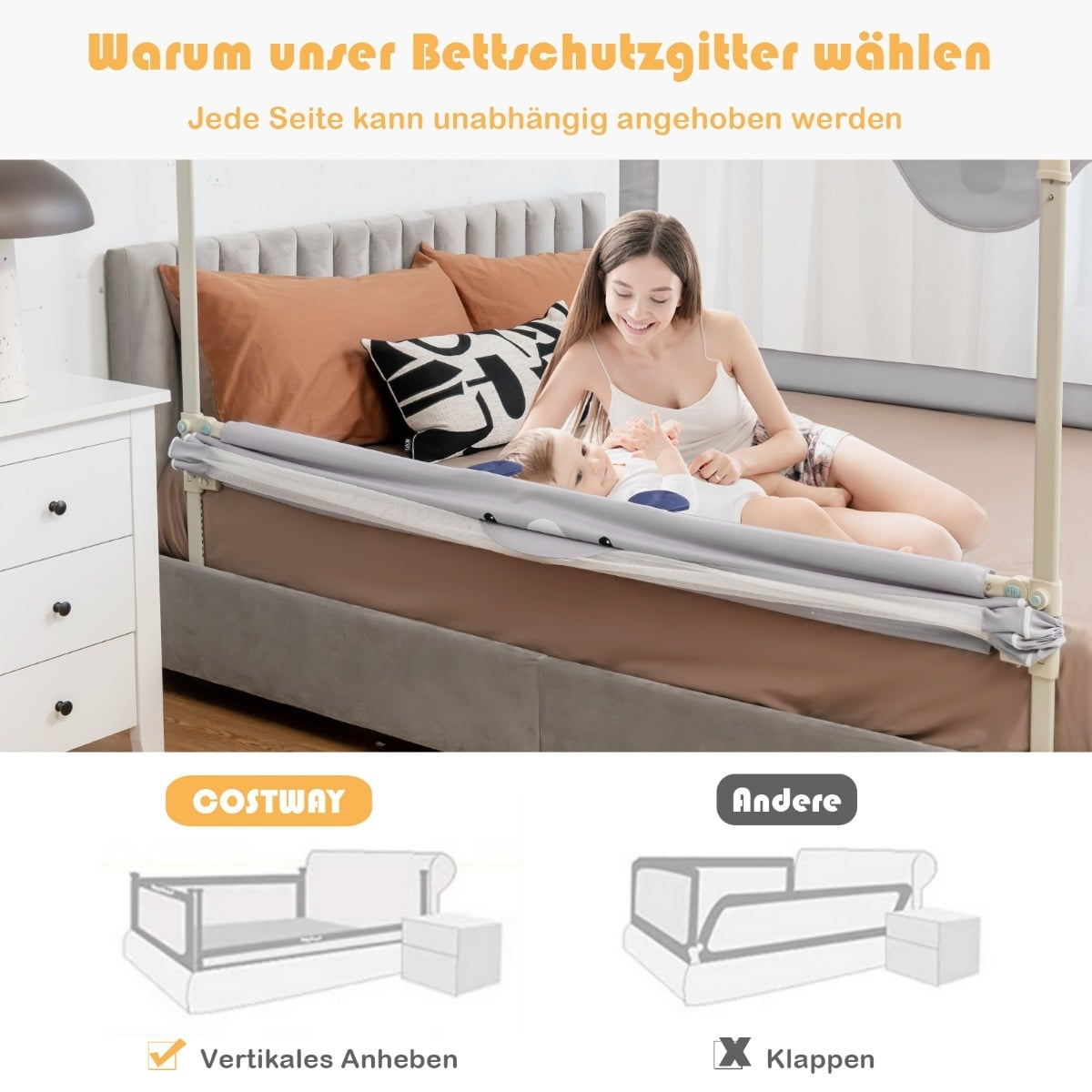 Toddler Bed Rail, Adjustable Height, 175 cm, Gray
