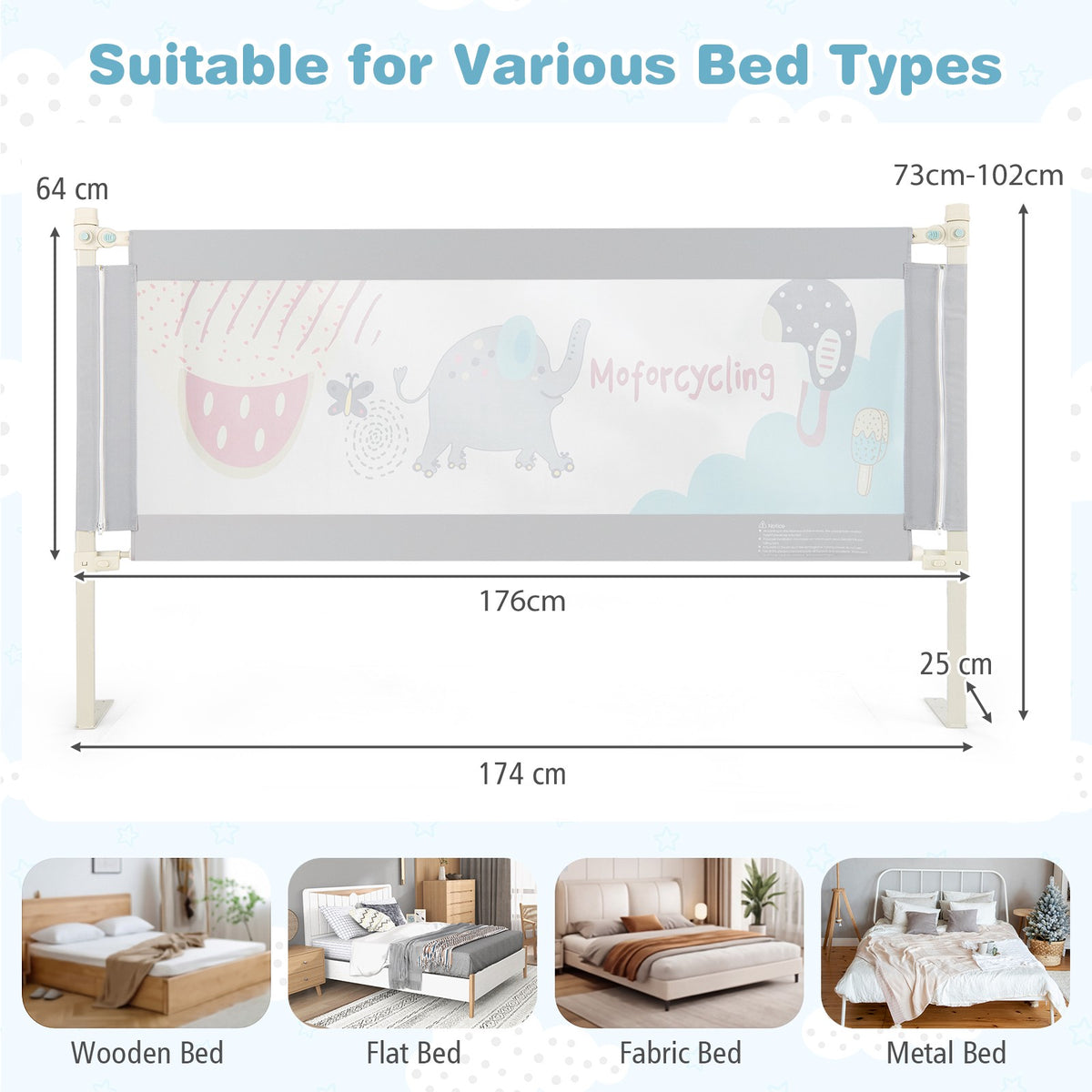 Toddler Bed Rail Guard, 24-Position Height Adjustable, 175 cm