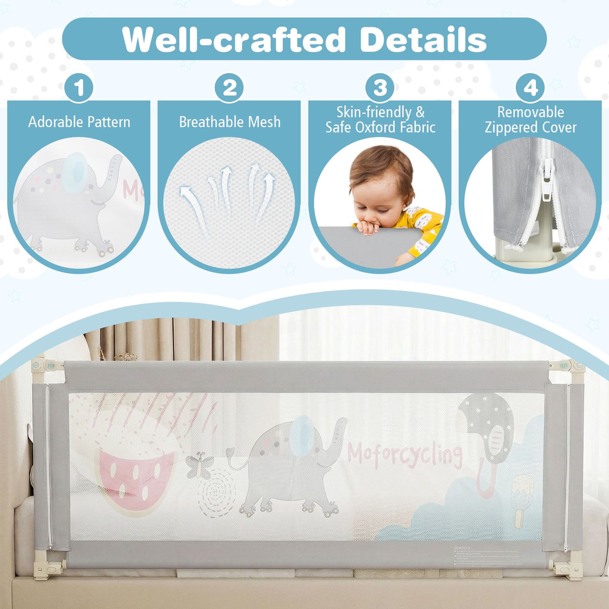 Toddler Bed Rail Guard, 24-Position Height Adjustable, 175 cm