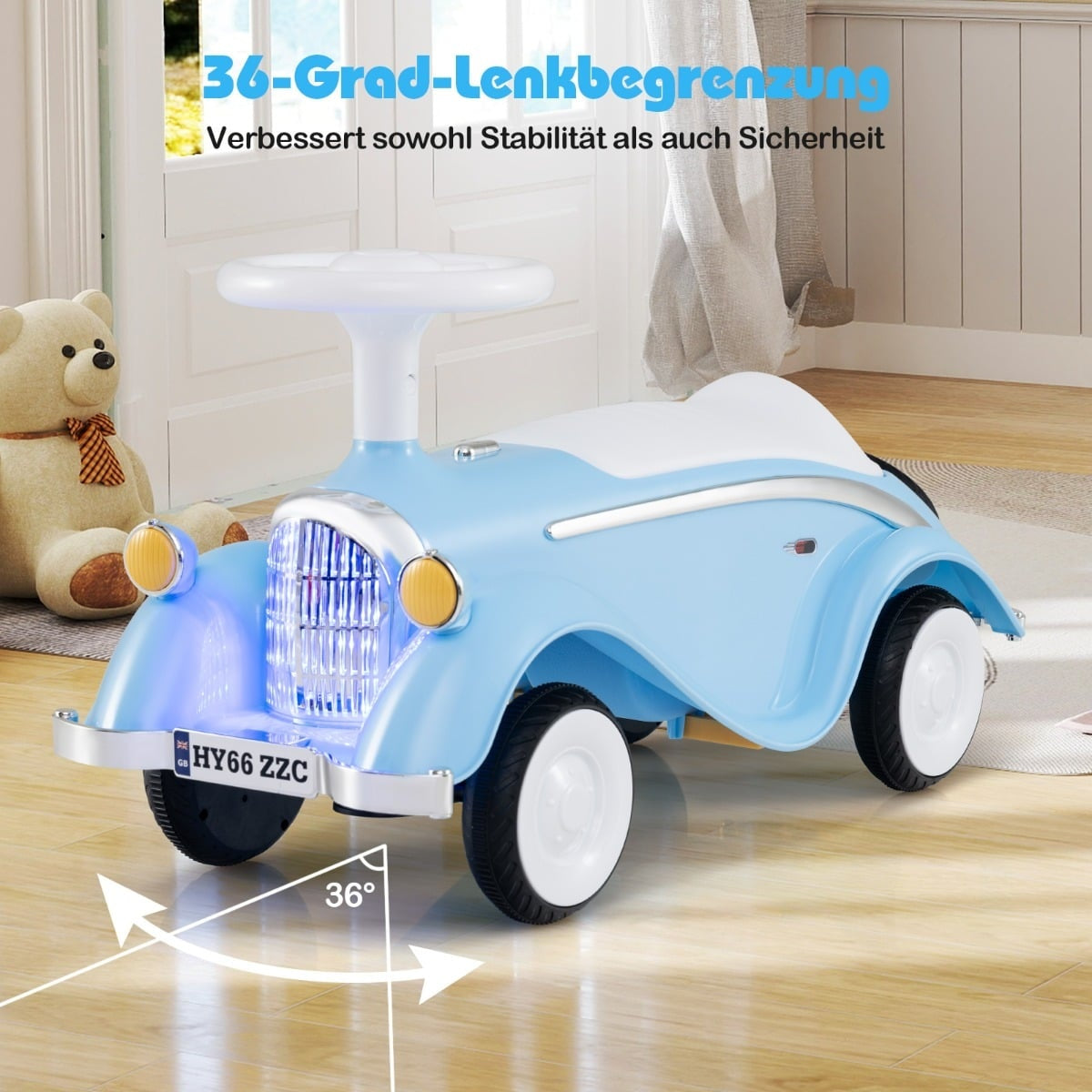 Toddler Ride-On Car with Horn, LED Lights, Blue