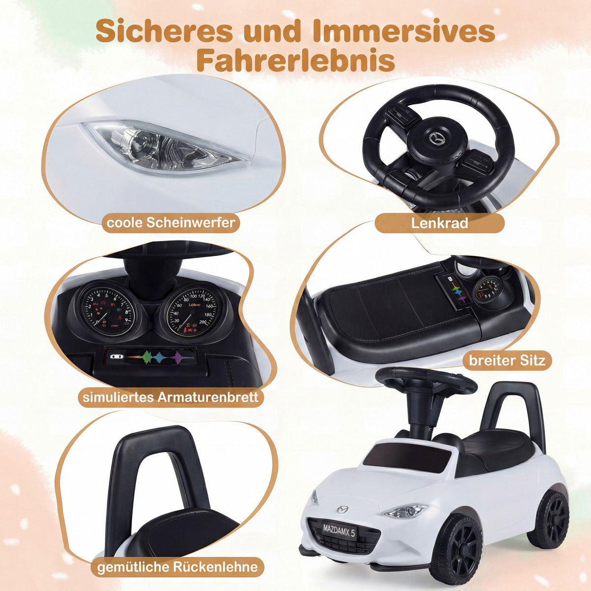 Toddler Ride-On Car with Light, Anti-Tip, Storage, White
