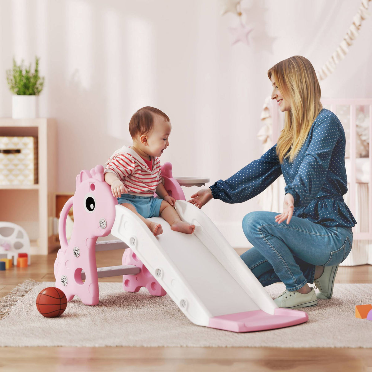 Toddler Slide with Basketball Hoop, Giraffe Design, Pink