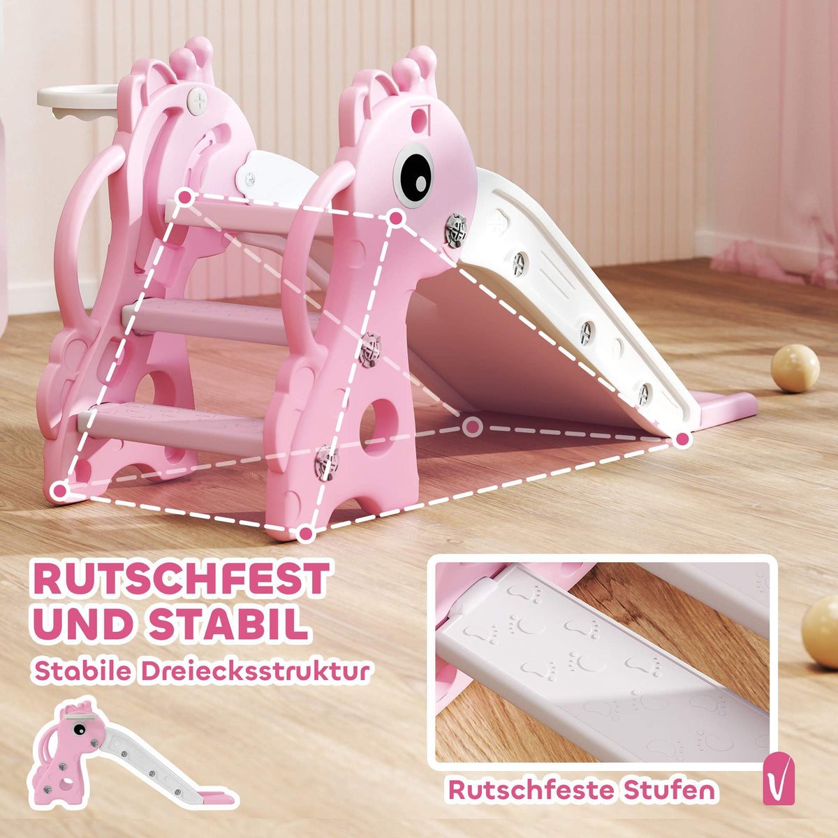 Toddler Slide with Basketball Hoop, Giraffe Design, Pink