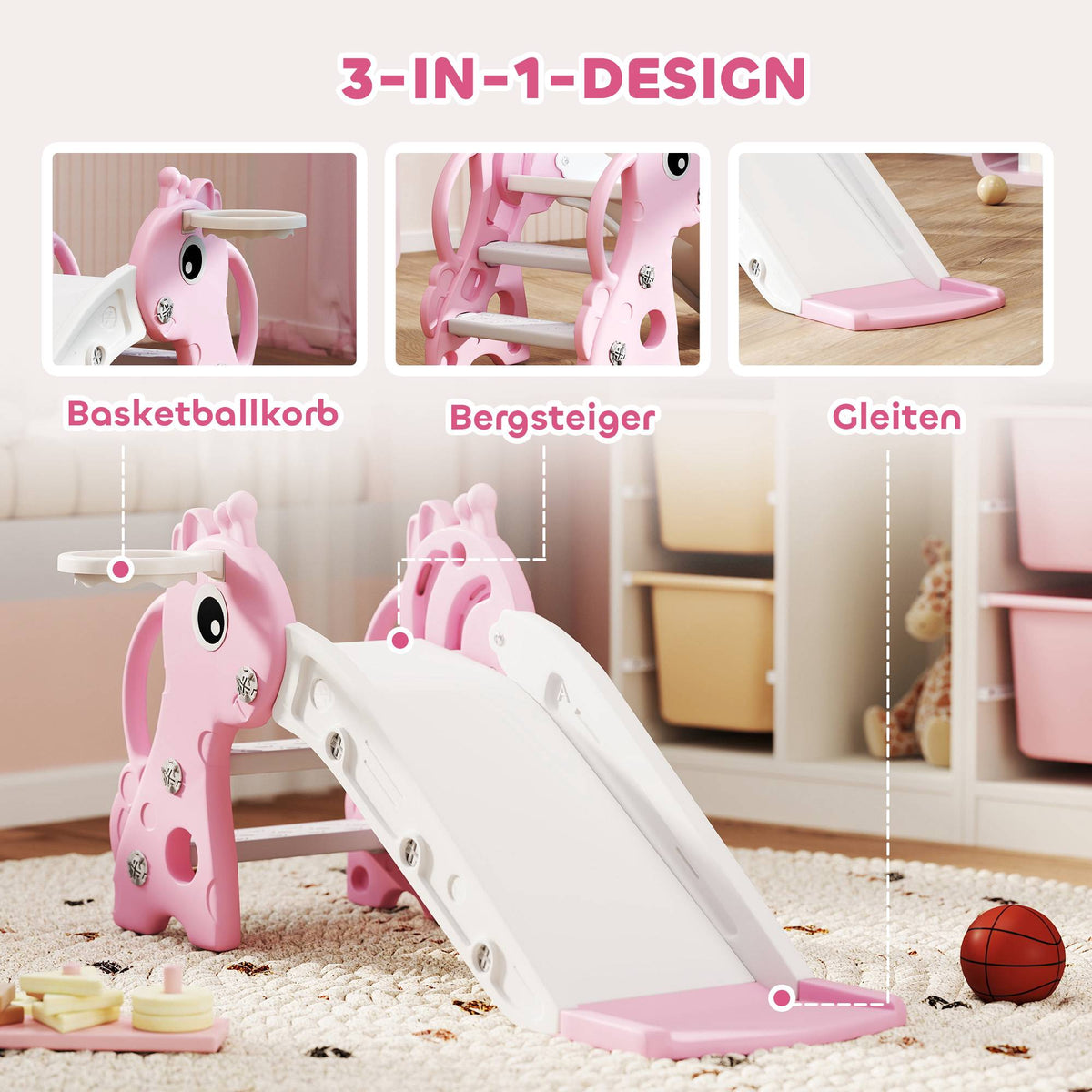 Toddler Slide with Basketball Hoop, Giraffe Design, Pink