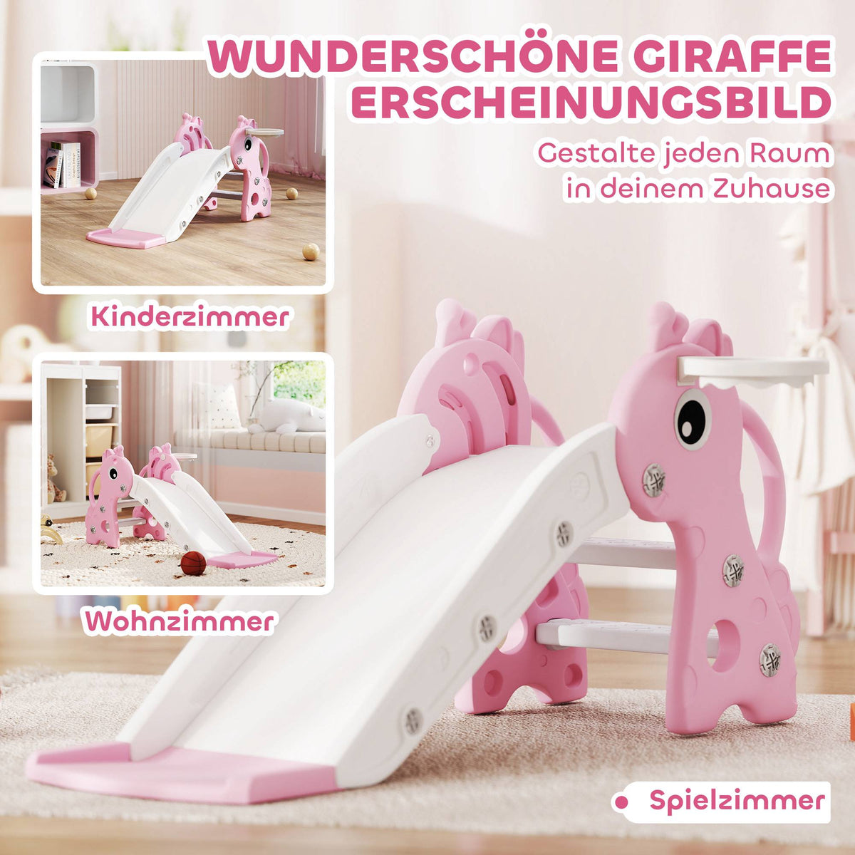 Toddler Slide with Basketball Hoop, Giraffe Design, Pink