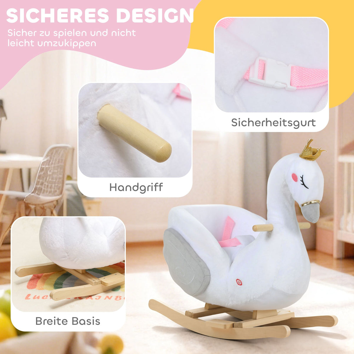 Toddler Swan Rocker with Lullaby, Soft Filling, Wood Frame