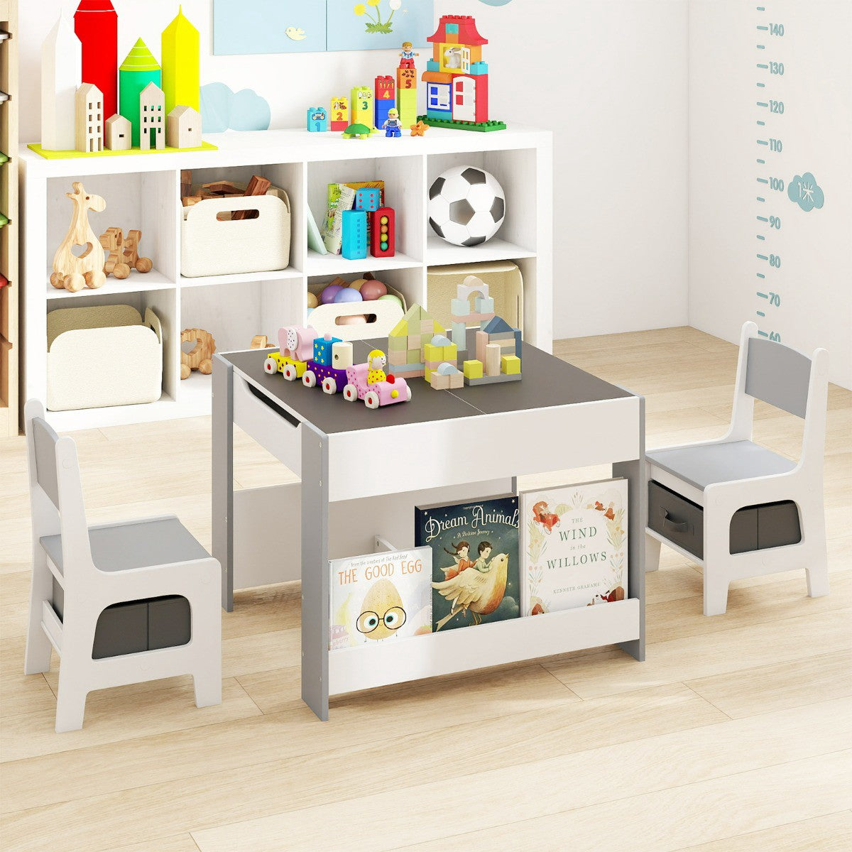 Toddler Table And 2 Chair Set, Chalkboard Whiteboard Top, Storage