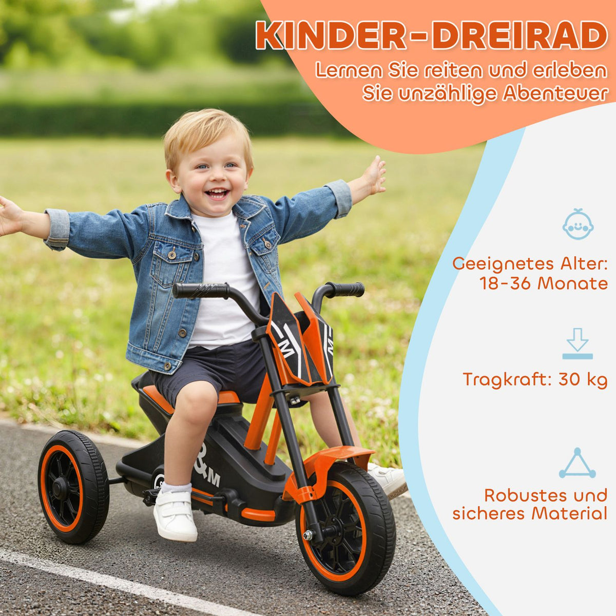 Toddler Tricycle with Pedals, Steel Frame, Orange, 18-36 Months