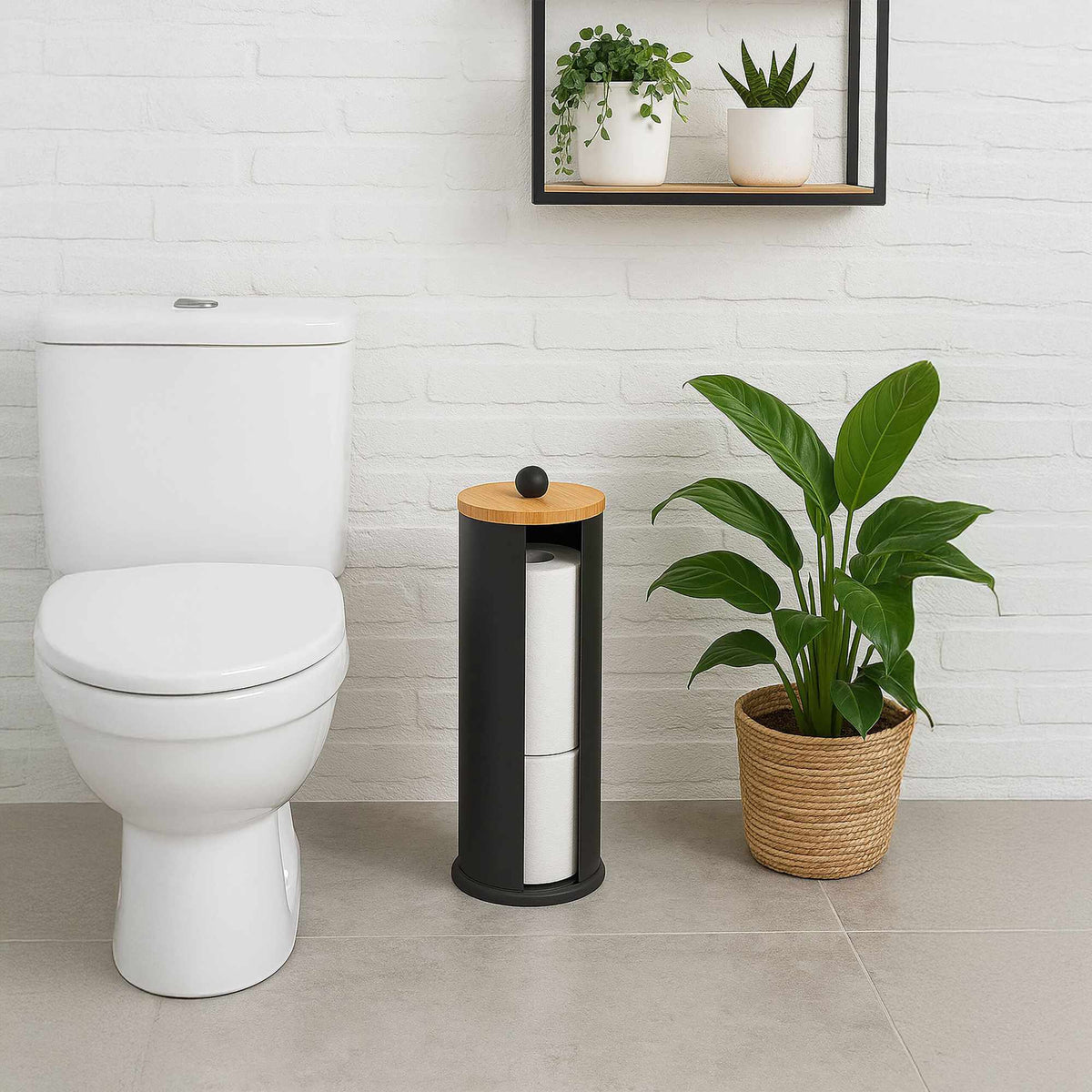 Toilet Paper Holder, Metal with Bamboo Lid, 3 Rolls