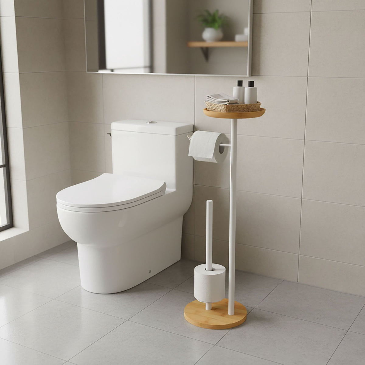 Toilet Paper Holder with Shelf, Bamboo and Metal