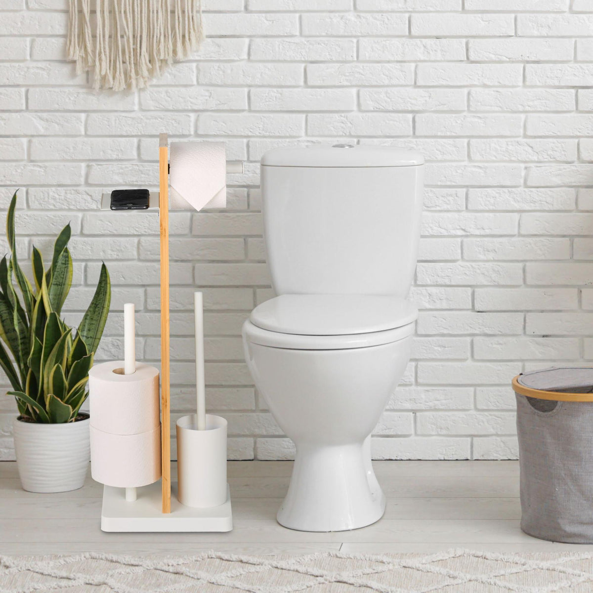 Toilet Roll Holder & Brush Set with Bamboo Shelf