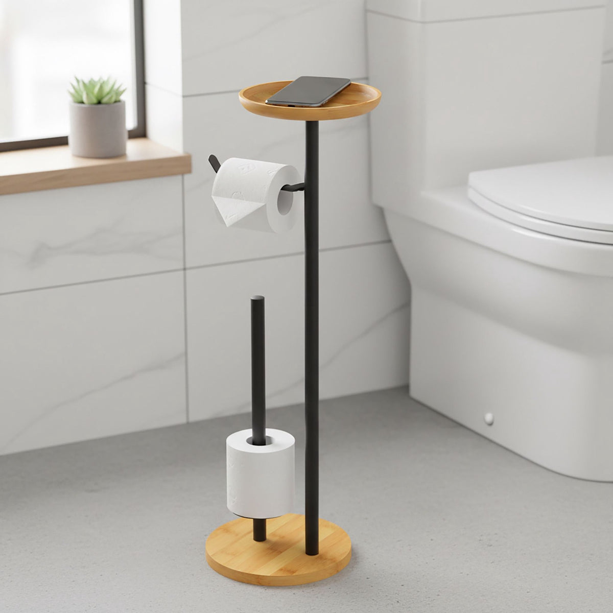 Toilet Roll Holder with Shelf – Bamboo and Metal