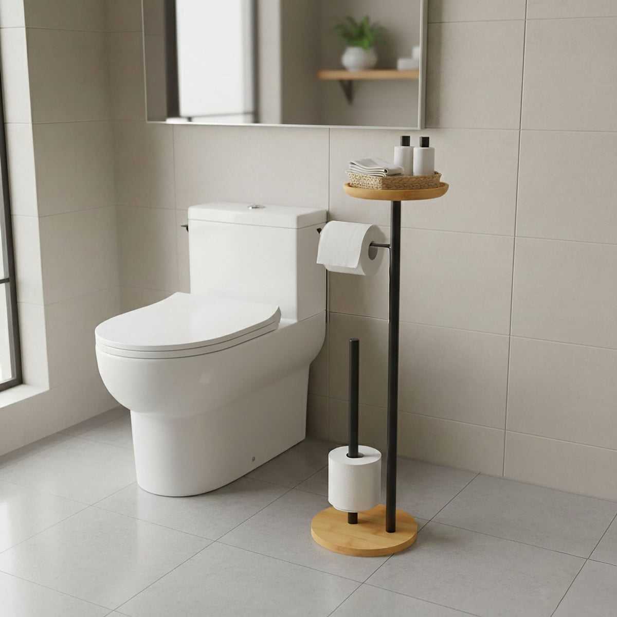 Toilet Roll Holder with Shelf – Bamboo and Metal