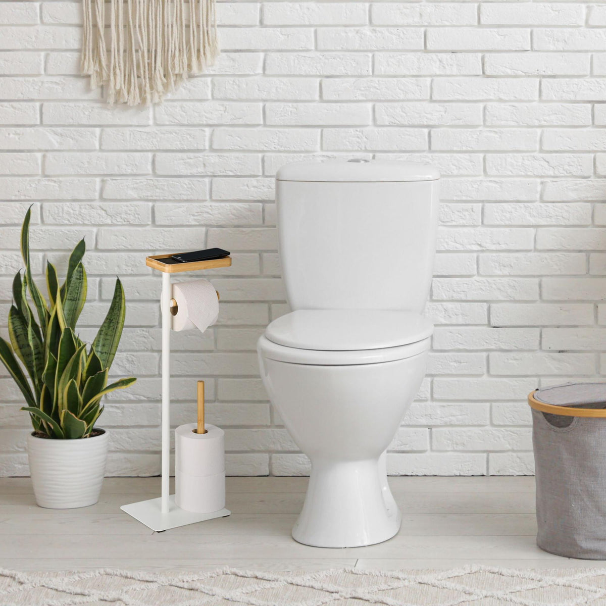 Toilet Roll Holder with Shelf – Iron & Bamboo