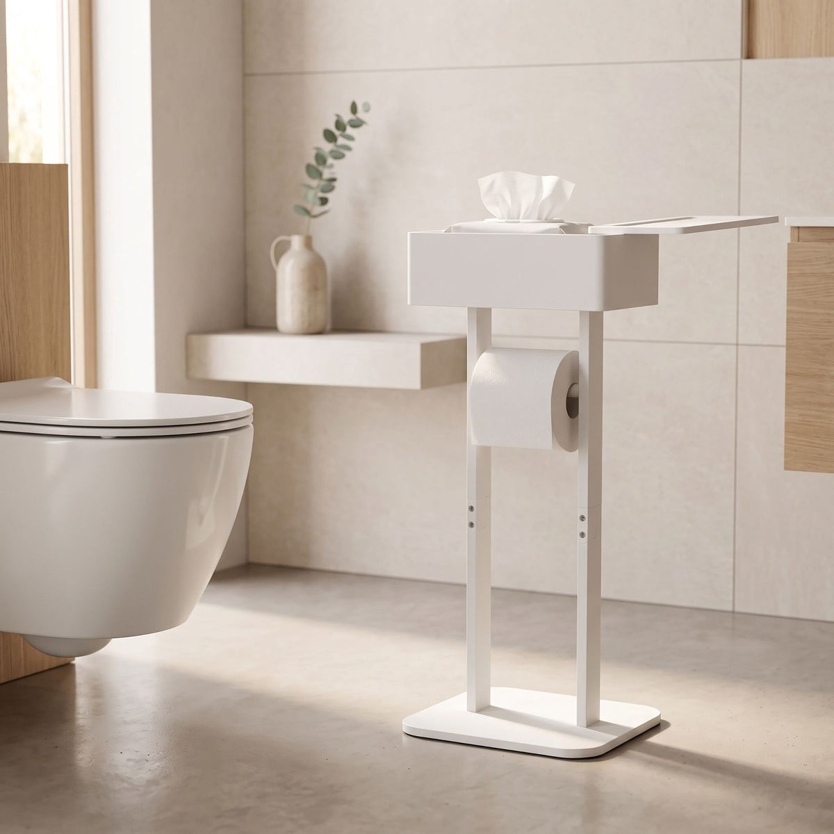 Toilet Roll Holder with Storage Shelf – White, Bamboo