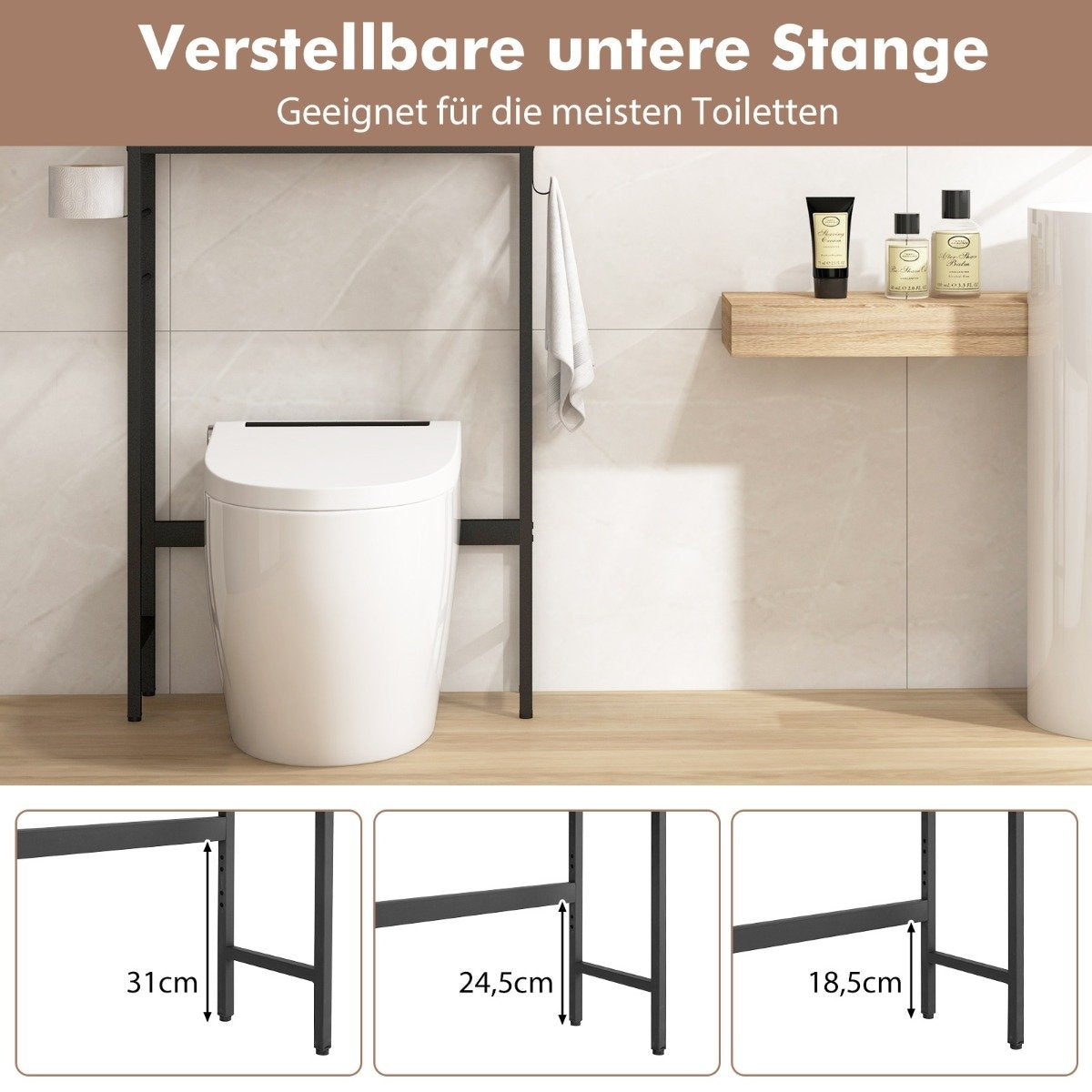 Toilet cabinet freestanding toilet shelf with 2 doors & 2 hooks 63 x 23 x 165.5 cm white