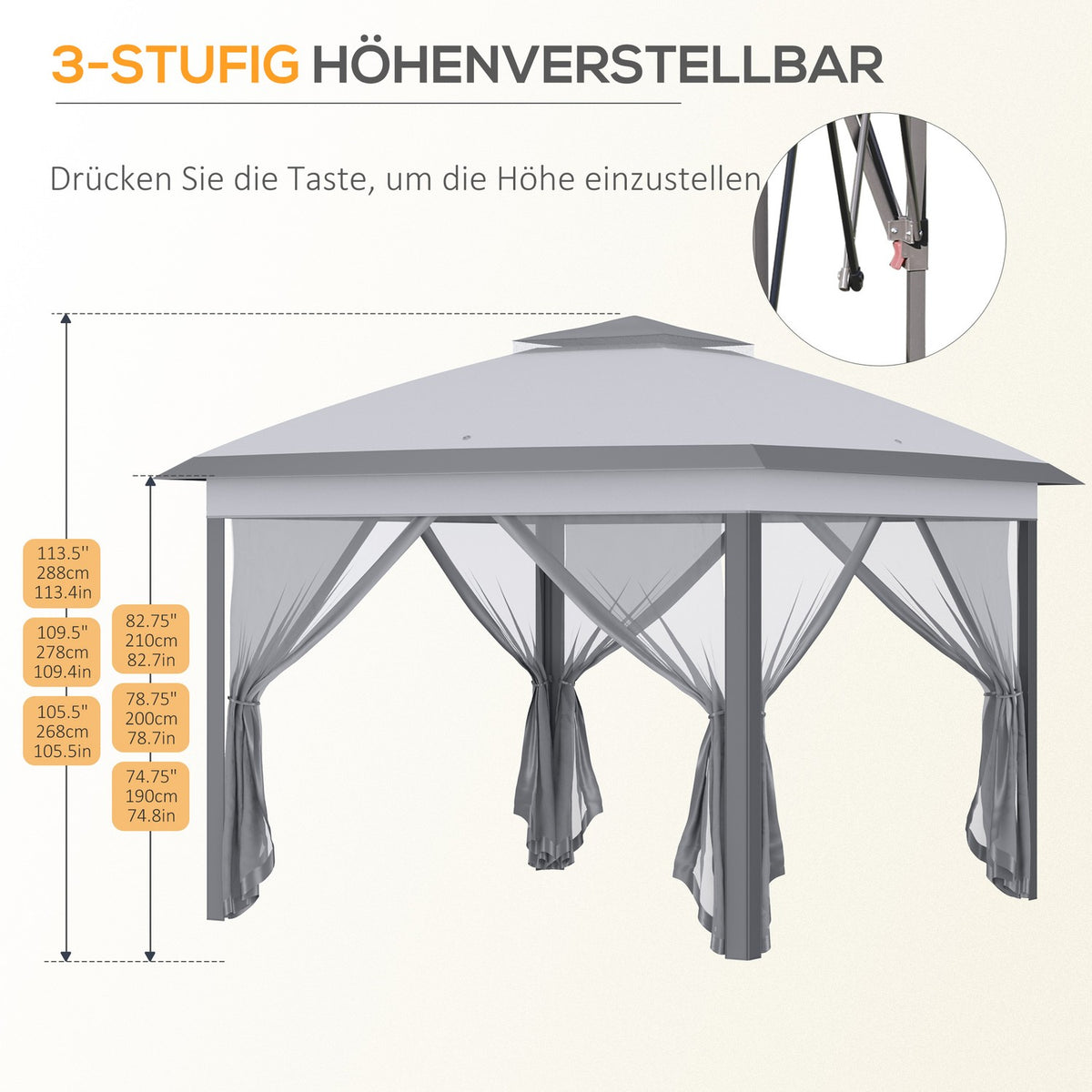Tonnelle 3 x 3 m Garden Gazebo Pop-up Folding Tent Double Roof 4 Removable Mosquito Nets + Carry Bag Oxford Fabric Metal Gray