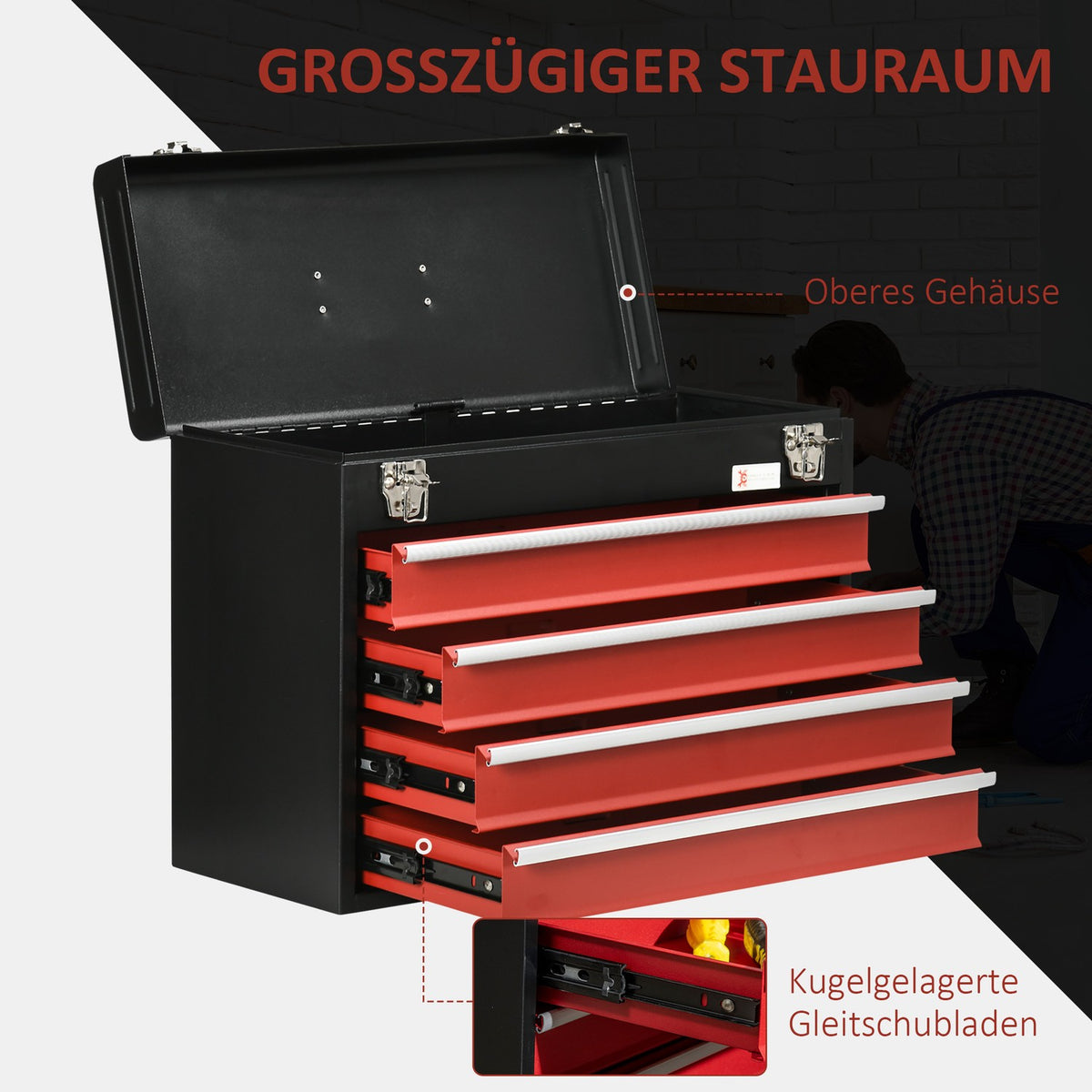 Tool Box 4 Drawers Lock Steel Black+Red 51X22X39.5Cm