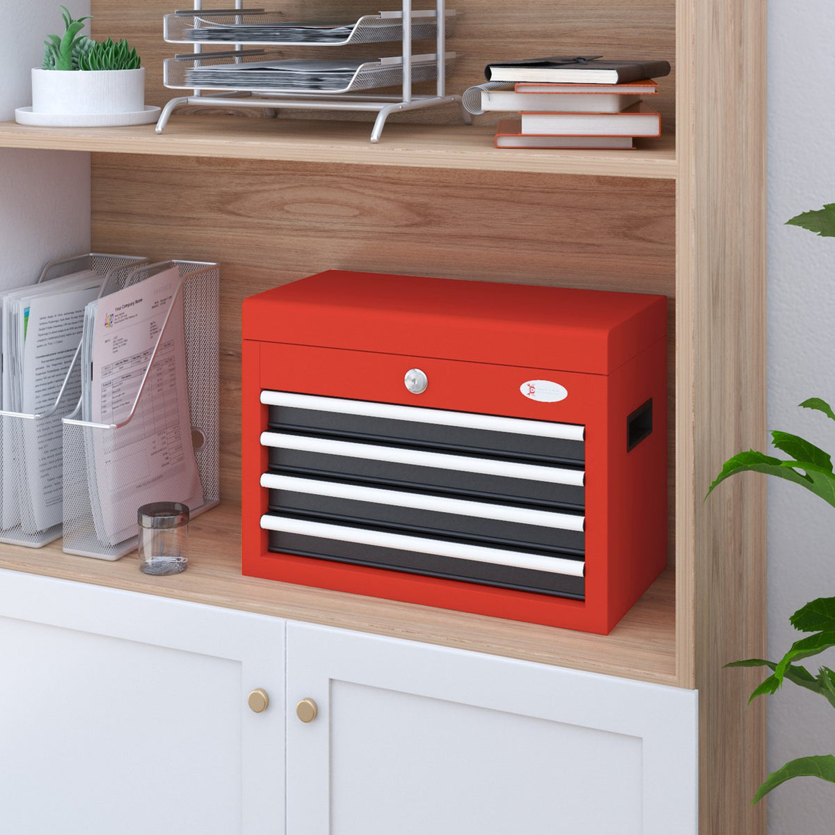 Tool Box Compact Tool Box Without Tools, With 4 Drawers, Lock, Steel, Red, 45X24.5X32.5Cm