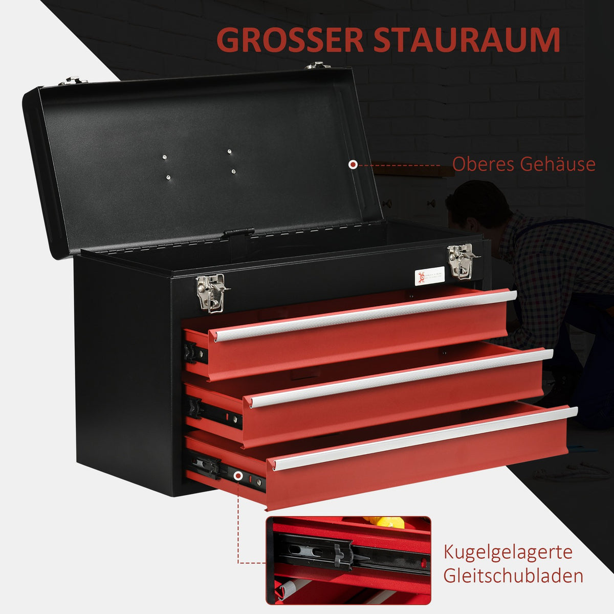 Tool Box Practical Tool Box Without Tools, With Handle, 3 Drawers, Lock, Steel, Black+Red
