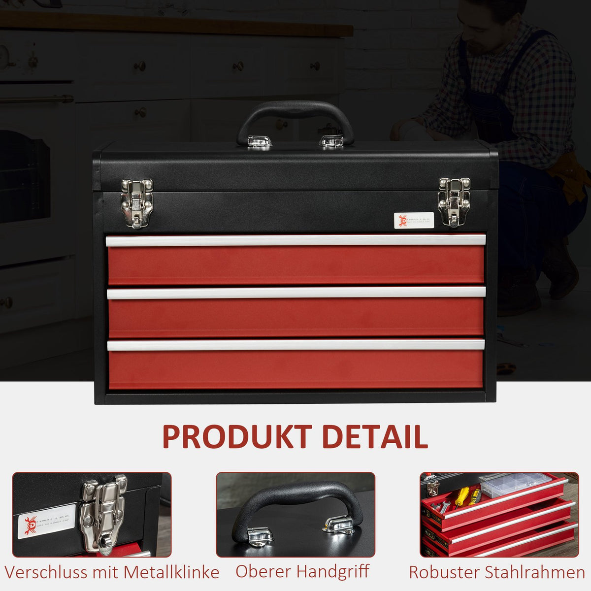 Tool Box Practical Tool Box Without Tools, With Handle, 3 Drawers, Lock, Steel, Black+Red