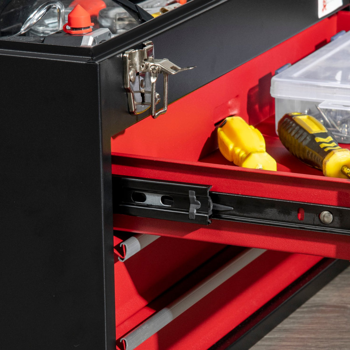 Tool Box Practical Tool Box Without Tools, With Handle, 3 Drawers, Lock, Steel, Black+Red