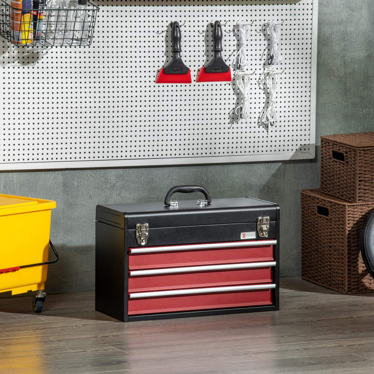 Tool Box Practical Tool Box Without Tools, With Handle, 3 Drawers, Lock, Steel, Black+Red