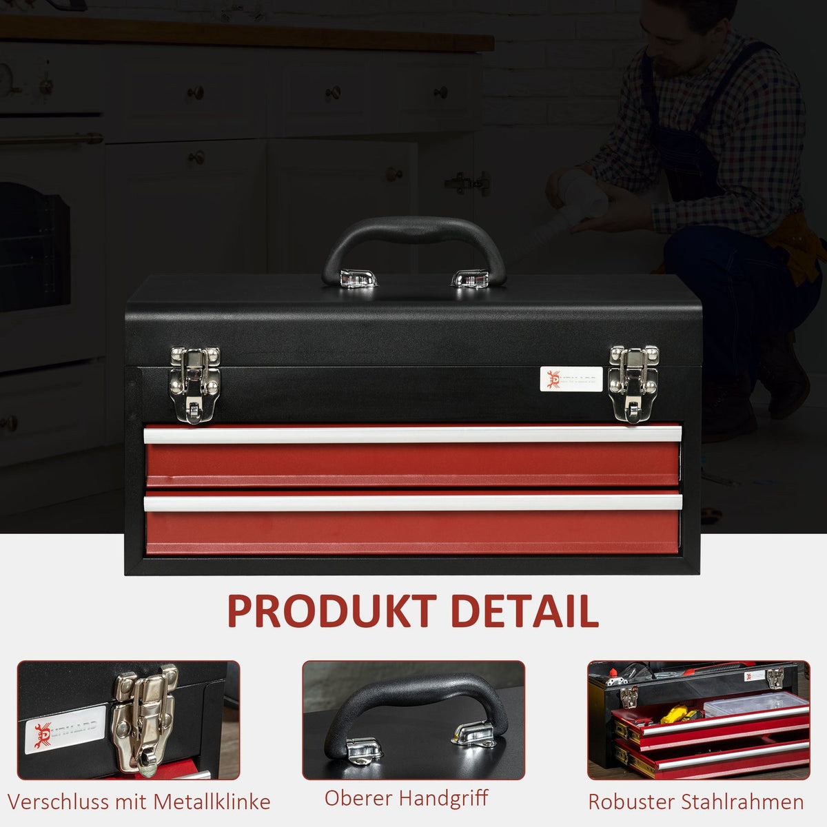 Tool Box Robust Tool Box Without Tools, With Handle, 2 Drawers, Lock, Steel, Black+Red