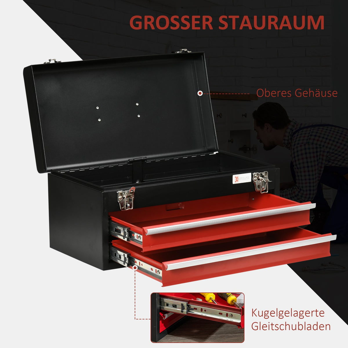 Tool Box Robust Tool Box Without Tools, With Handle, 2 Drawers, Lock, Steel, Black+Red