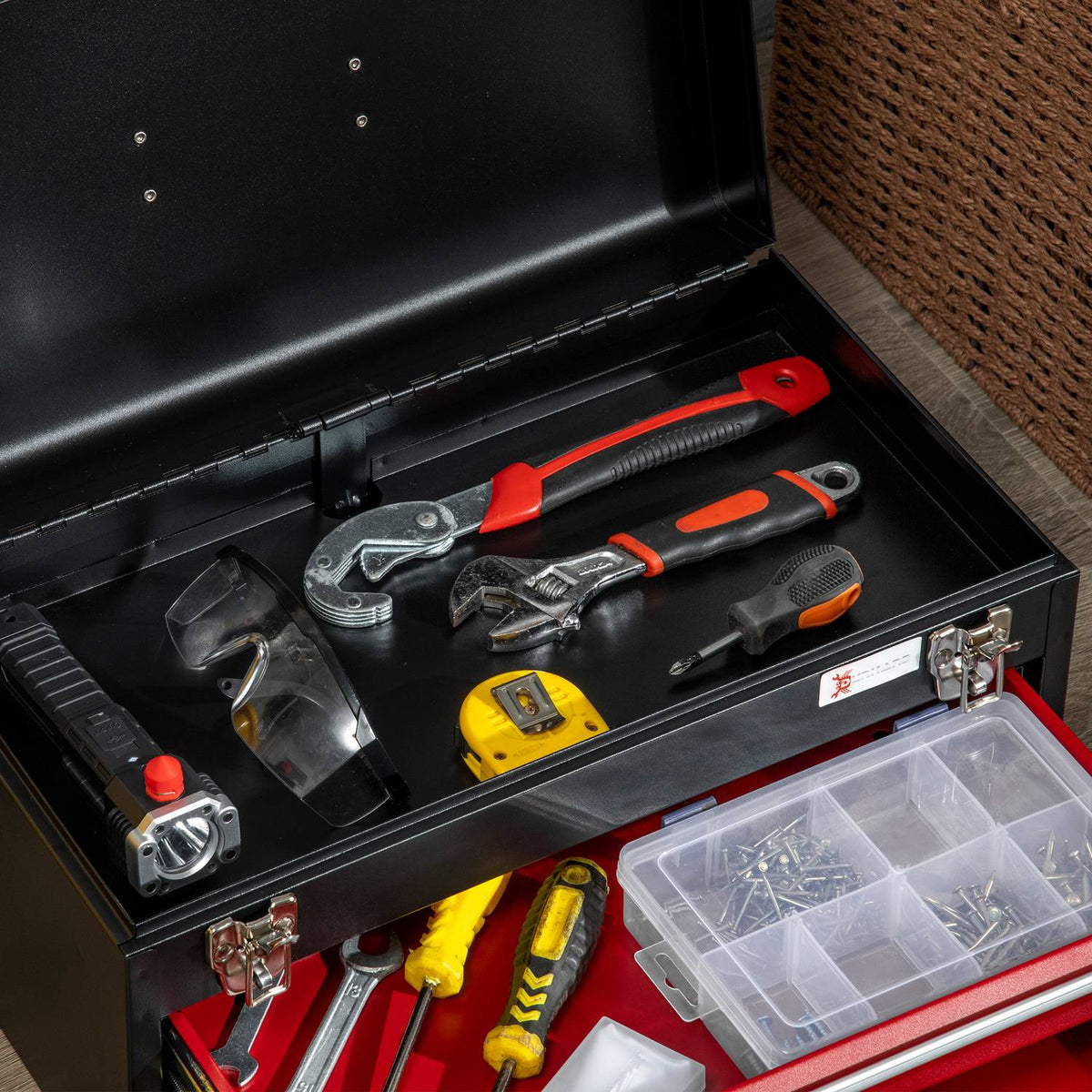 Tool Box Robust Tool Box Without Tools, With Handle, 2 Drawers, Lock, Steel, Black+Red