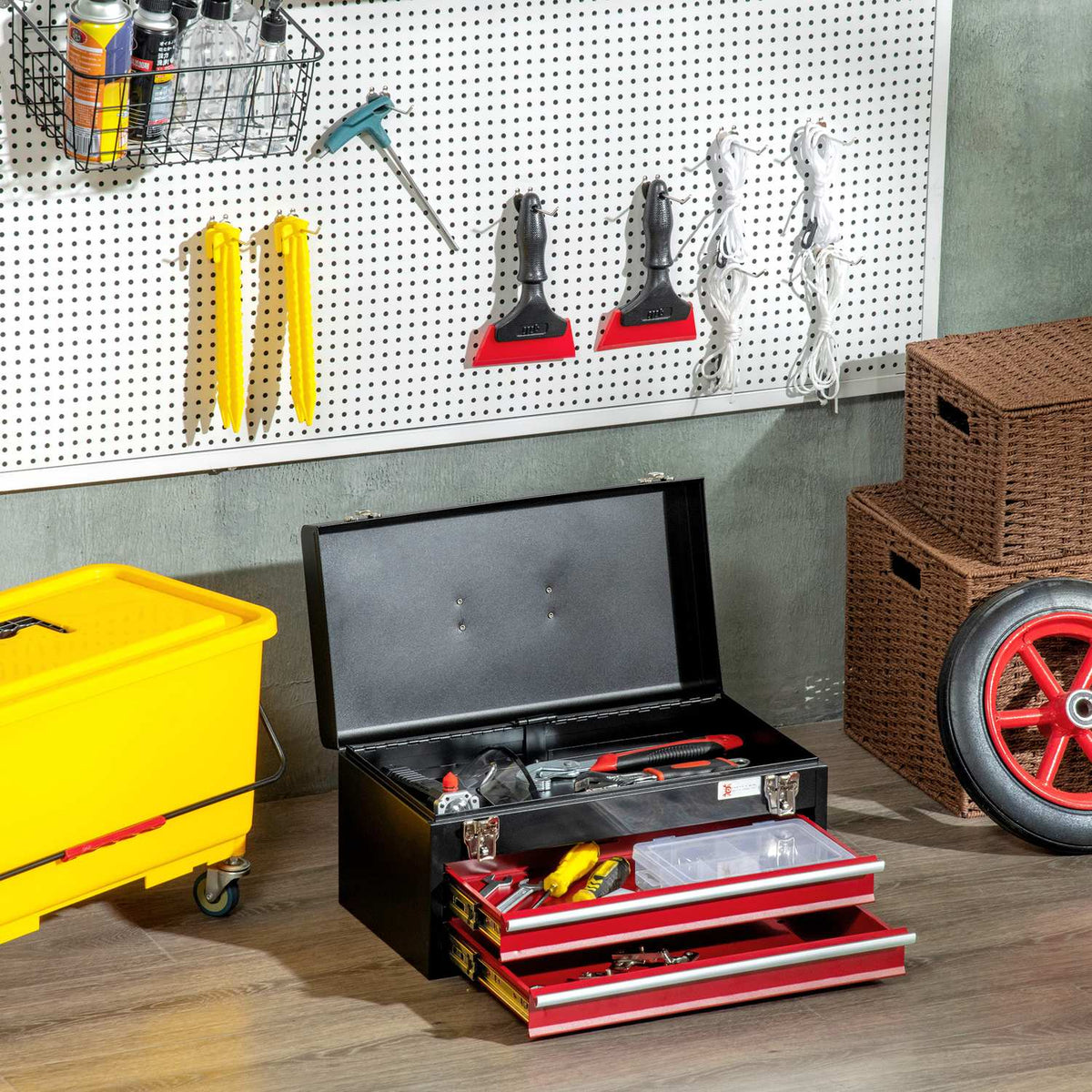 Tool Box Robust Tool Box Without Tools, With Handle, 2 Drawers, Lock, Steel, Black+Red