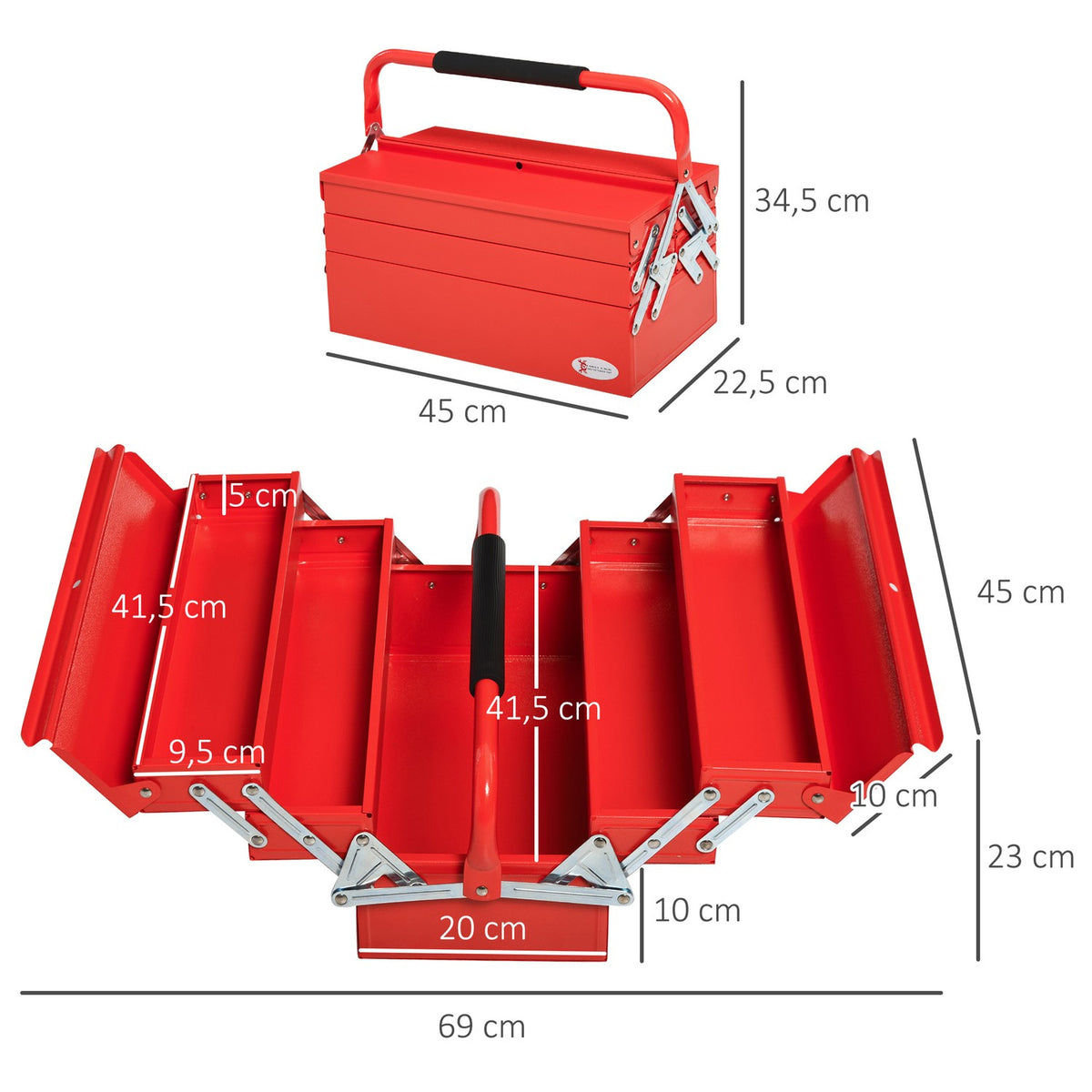 Tool Box Space-Saving Tool Box With 5 Compartments, Hinged, Stable, Steel (Spcc), Red, 45X22.5X34.5Cm