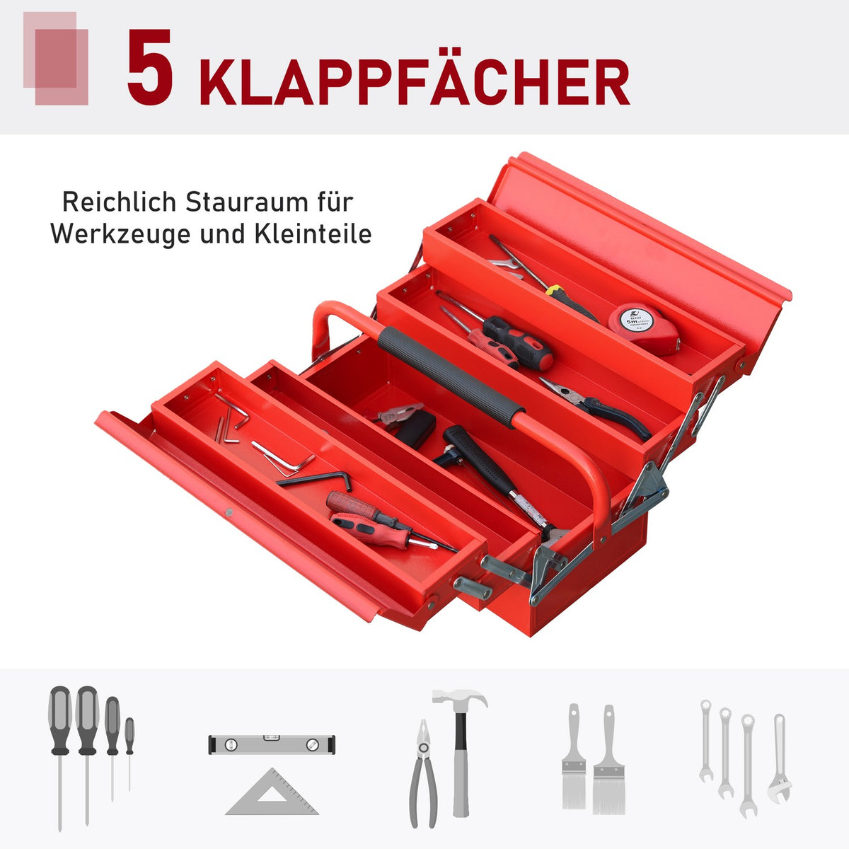 Tool Box Space-Saving Tool Box With 5 Compartments, Hinged, Stable, Steel (Spcc), Red, 45X22.5X34.5Cm