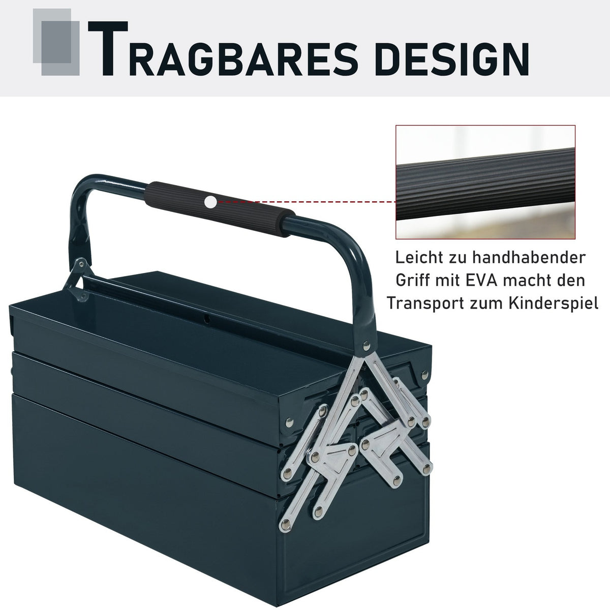 Tool Box, Tool Case, 5 Compartments, Hinged, Steel (Spcc), Dark Green, 45X22.5X34.5 Cm