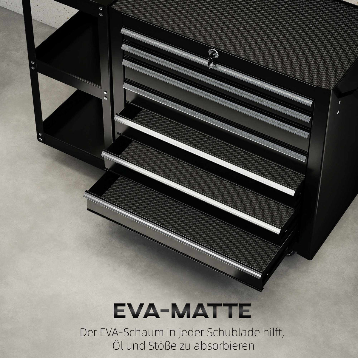 Tool Cart with 7 Drawers, 3-Tier Shelf, Steel, Black