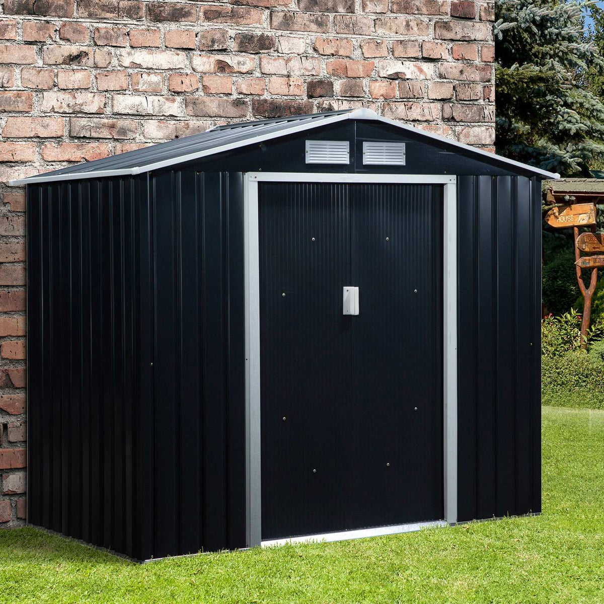 Tool Shed Garden Shed Garden Shed With Floor Frame And Sliding Doors Weatherproof Steel Charcoal Gray 213 X 130 X 185 Cm