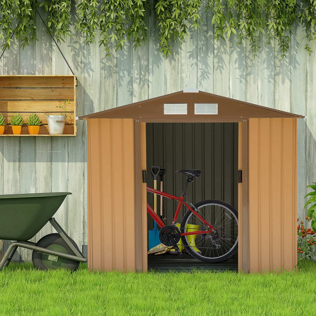 Tool Shed Garden Shed Garden Shed With Floor Frame And Sliding Doors Weatherproof Steel Yellow 213 X 130 X 185 Cm