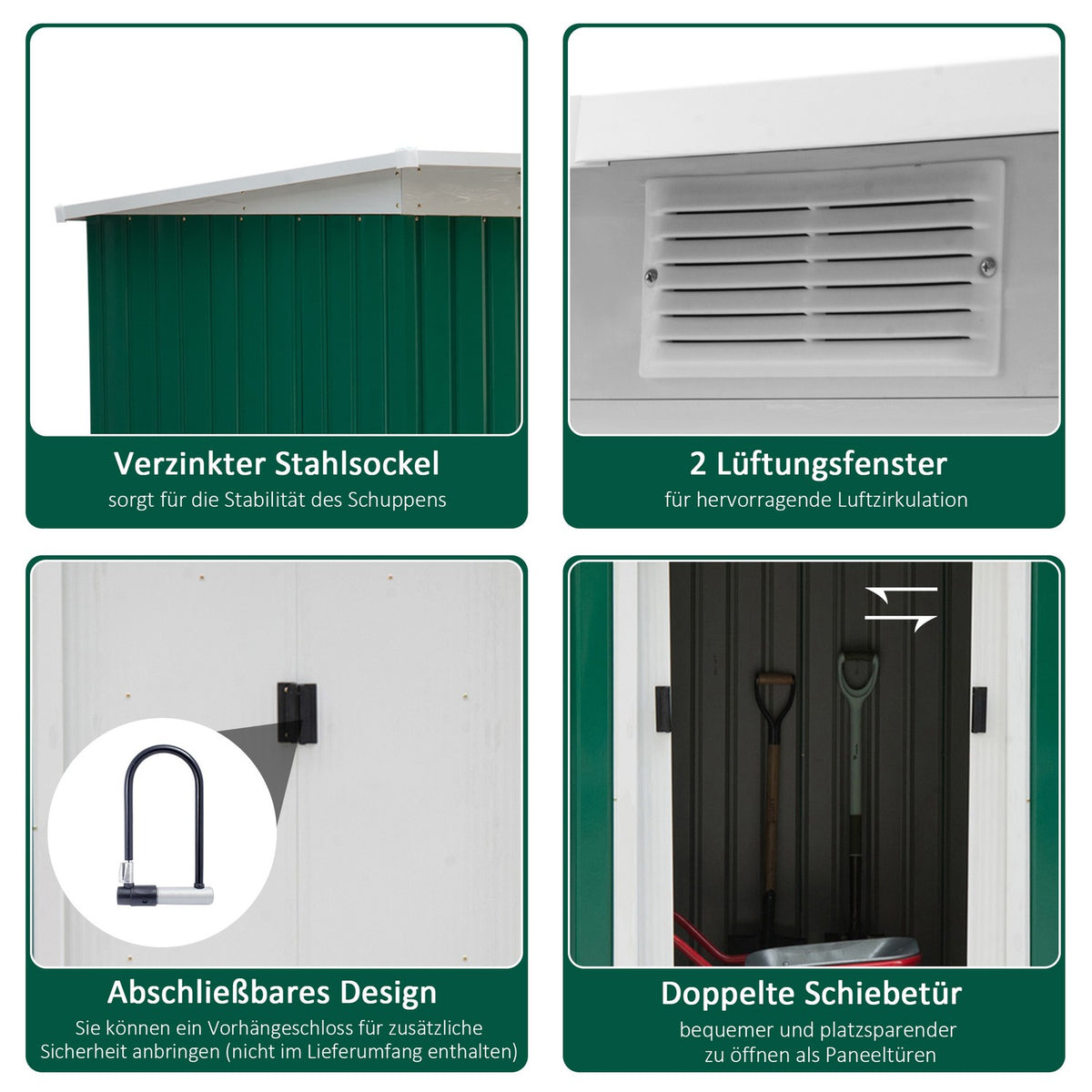 Tool Shed, Garden Shed, Tool Shed With Sliding Door, Ventilation Window, Lean-To Roof, Outdoor, Steel, Dark Green, 280 X 130 X 172 Cm