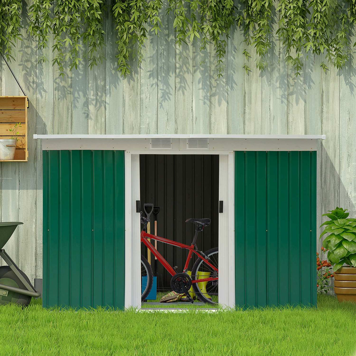 Tool Shed, Garden Shed, Tool Shed With Sliding Door, Ventilation Window, Lean-To Roof, Outdoor, Steel, Dark Green, 280 X 130 X 172 Cm