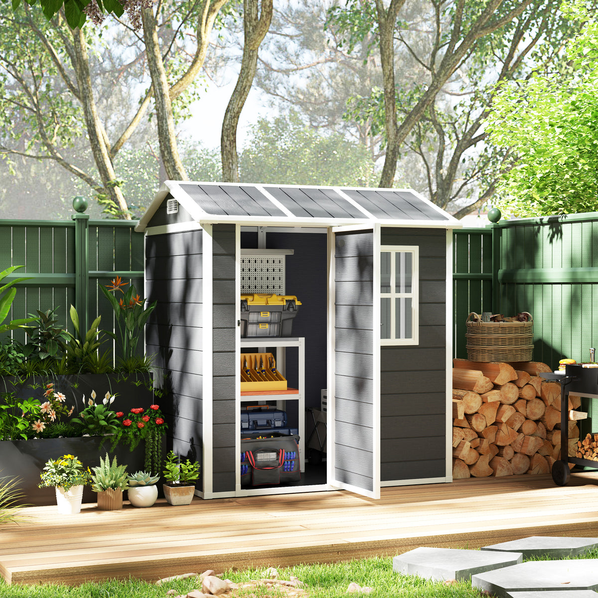 Tool Shed Plastic 2.1m² 186 x 130 x 199cm Tool Shed with Gable Roof Floor Window Lockable Door Weatherproof Garden Shed Outdoor Garden Shed for Backyard Gray