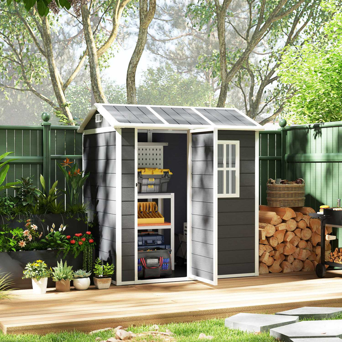 Tool Shed Plastic 2.1m² 186 x 130 x 199cm Tool Shed with Gable Roof Floor Window Lockable Door Weatherproof Garden Shed Outdoor Garden Shed for Backyard Gray