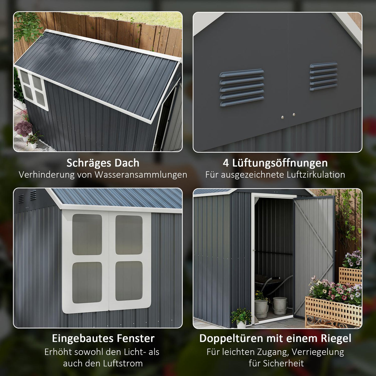 Tool Shed Steel, 4㎡ Tool Shed With Window Lockable Garden Cupboard, 259 X 172 X 222 Cm Garden Shed For Balcony, Terrace, Dark Gray