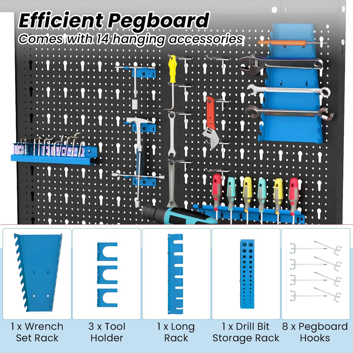 Tool Storage Workbench – Pegboard, Drawer, Shelves, Blue