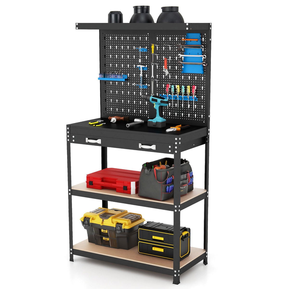 Tool Storage Workbench – Pegboard, Drawer, Shelves, Blue