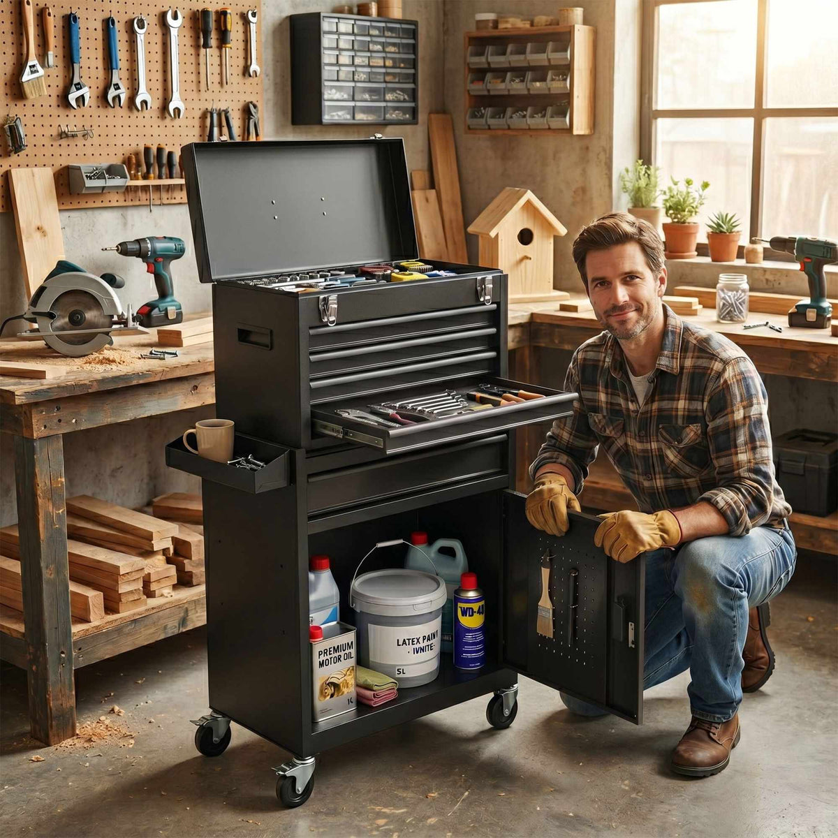 Tool Trolley, Lockable Steel, 5 Drawers, Top Box