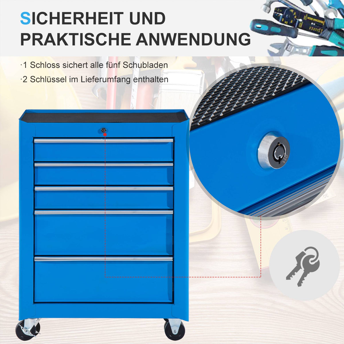 Tool Trolley with 5 Drawers, Steel, Blue, Lockable