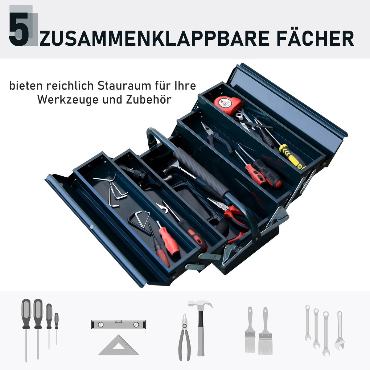 Tool box 5 compartments foldable steel dark green 57x21x41cm