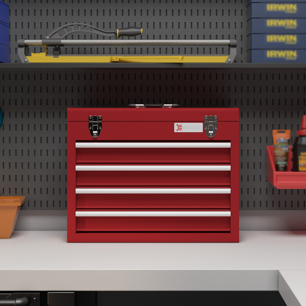 Tool box empty, 51 x 22 x 39.5 cm tool box with 4 drawers, top storage compartment, handle, tool box with lock, steel